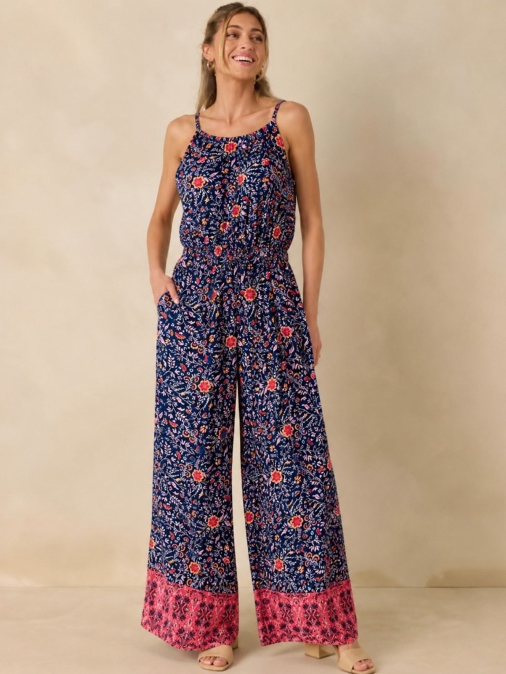 Boho Coastal Wide Leg‎ Jumpsuit Floral Print Navy Pink Flowy Fit